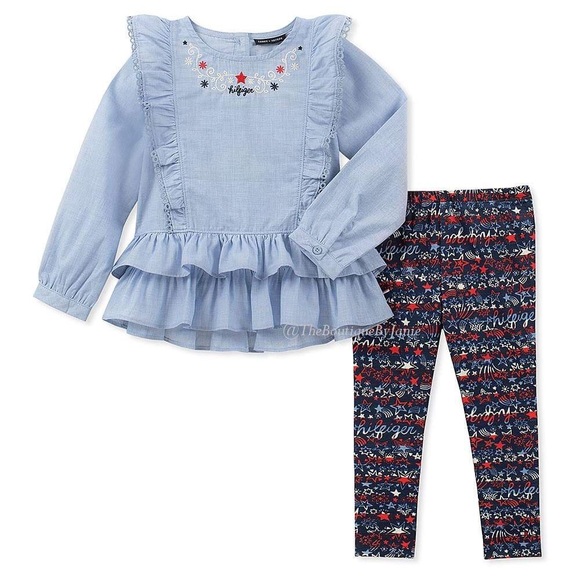 Tommy Hilfiger Blue Ruffle-Hem Top Script Leggings